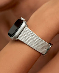 Chalonne Sonora metallic, silver lizard, leather luxury Apple Watch band on model
