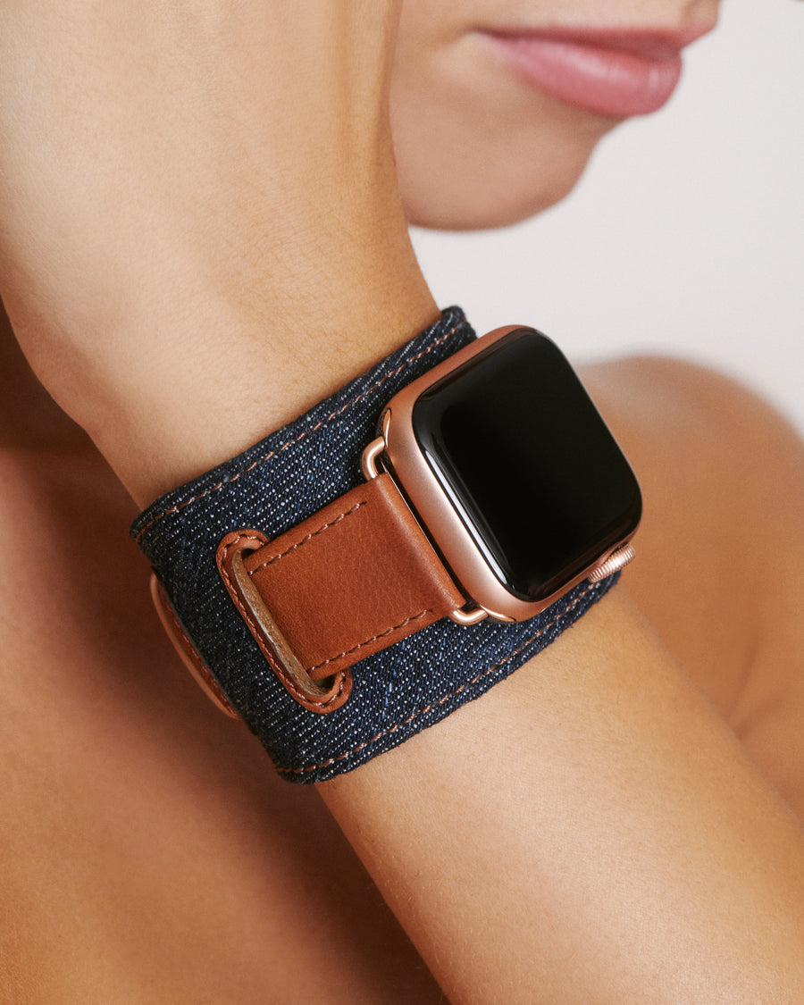 Chalonne Madison denim and brown leather cuff luxury Apple Watch band on model 