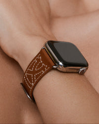 Chalonne Sedona in brown stitched leather luxury Apple Watch band on model 