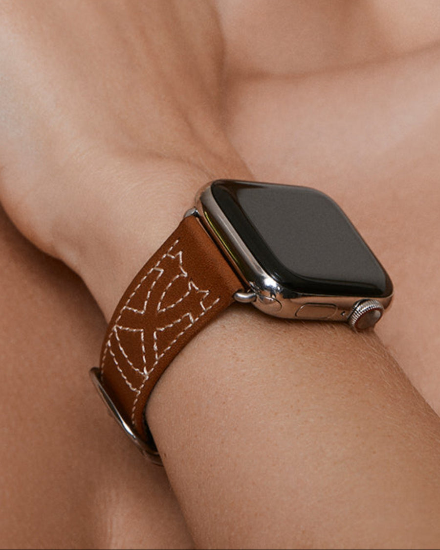 Chalonne Sedona in brown stitched leather luxury Apple Watch band on model 