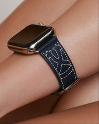 Chalonne Sedona in navy stitched leather luxury Apple Watch band on model 