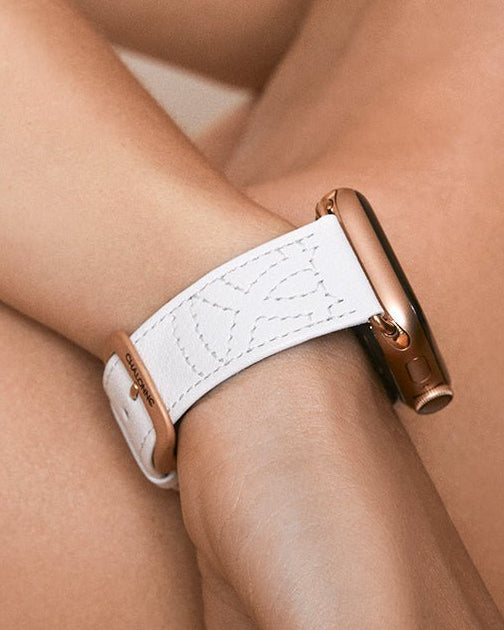 Chalonne Sedona in white stitched leather luxury Apple Watch band on model 