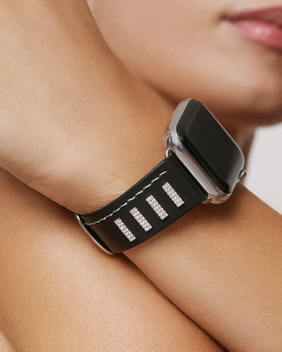 Voie-Ferree in black leather with eight 14k white gold and genuine diamond bars and platinum stitching on model