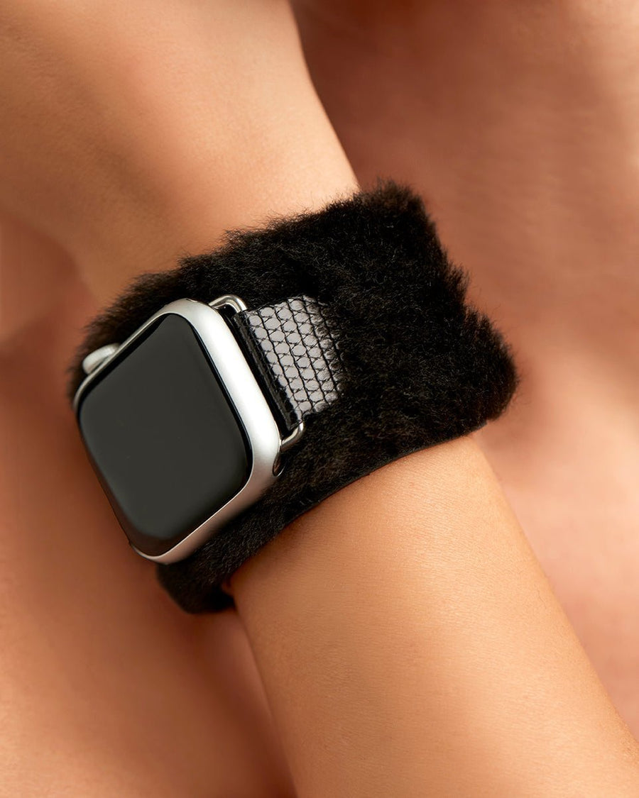 Chalonne Waiheke in black shearling and lizard leather cuff luxury Apple Watch band on model 